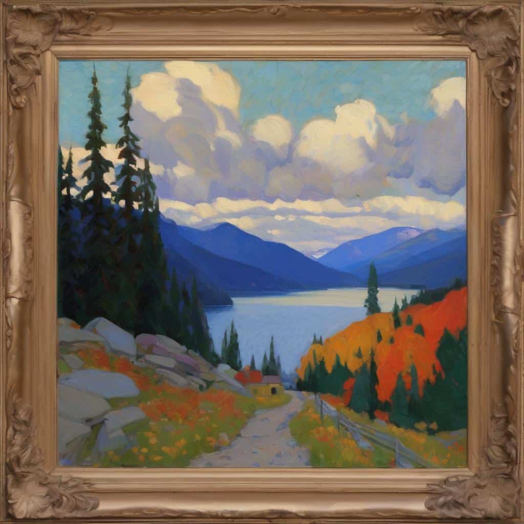 Ζωγραφική τοπίων με αντιθέσεις χρωμάτων, αρμονία φύσης, και ομορφιά των βουνών και της λίμνης.