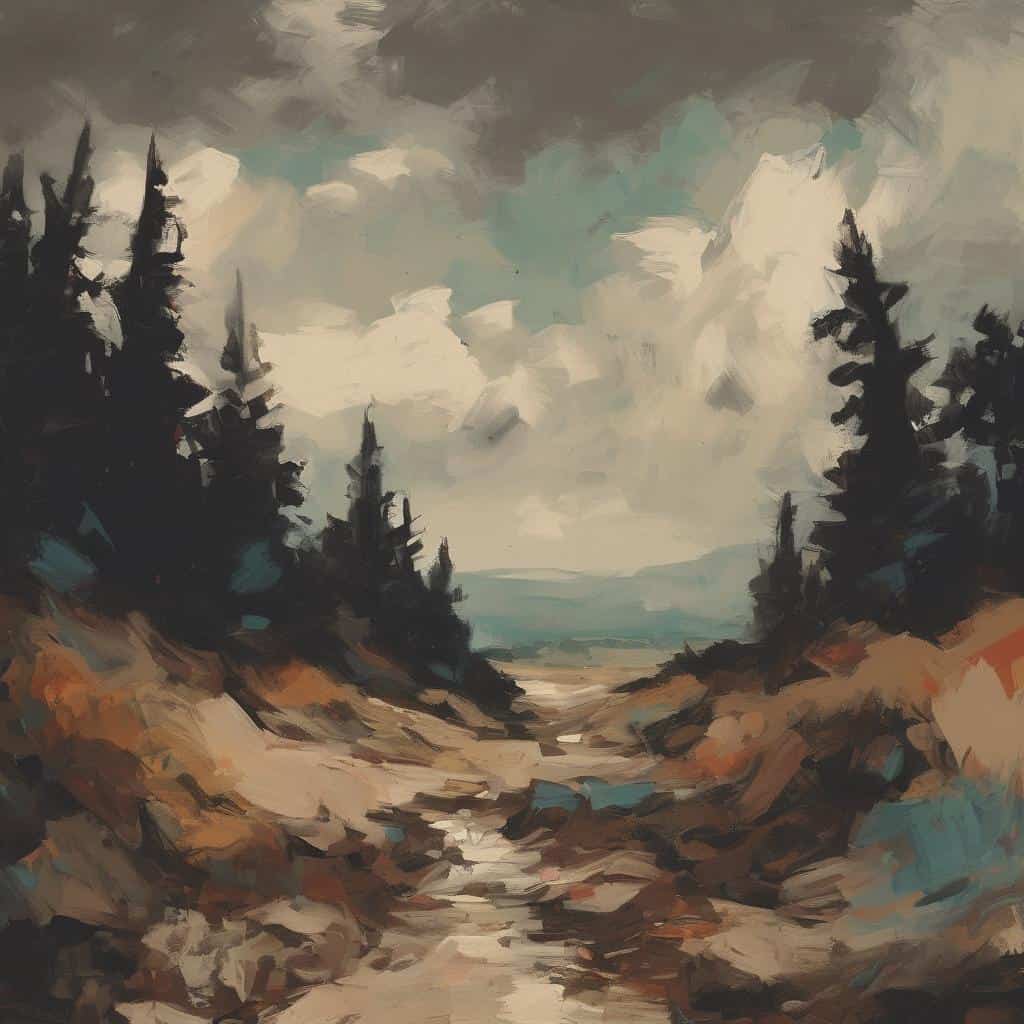 Ομορφία τοπίου με δέντρα και σύννεφα, εκφράζοντας την αρμονία της τέχνης και των αντιθέσεων.