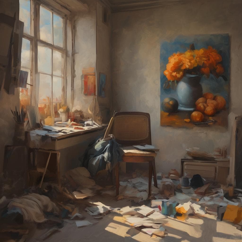 Λέξεις-κλειδιά, τέχνη, αρμονία αντιθέσεων, στούντιο ζωγραφικής, ζωγραφικά έργα, φωτισμός, καλλιτεχνική ατμόσφαιρα, ζωγραφική, καμβάς.