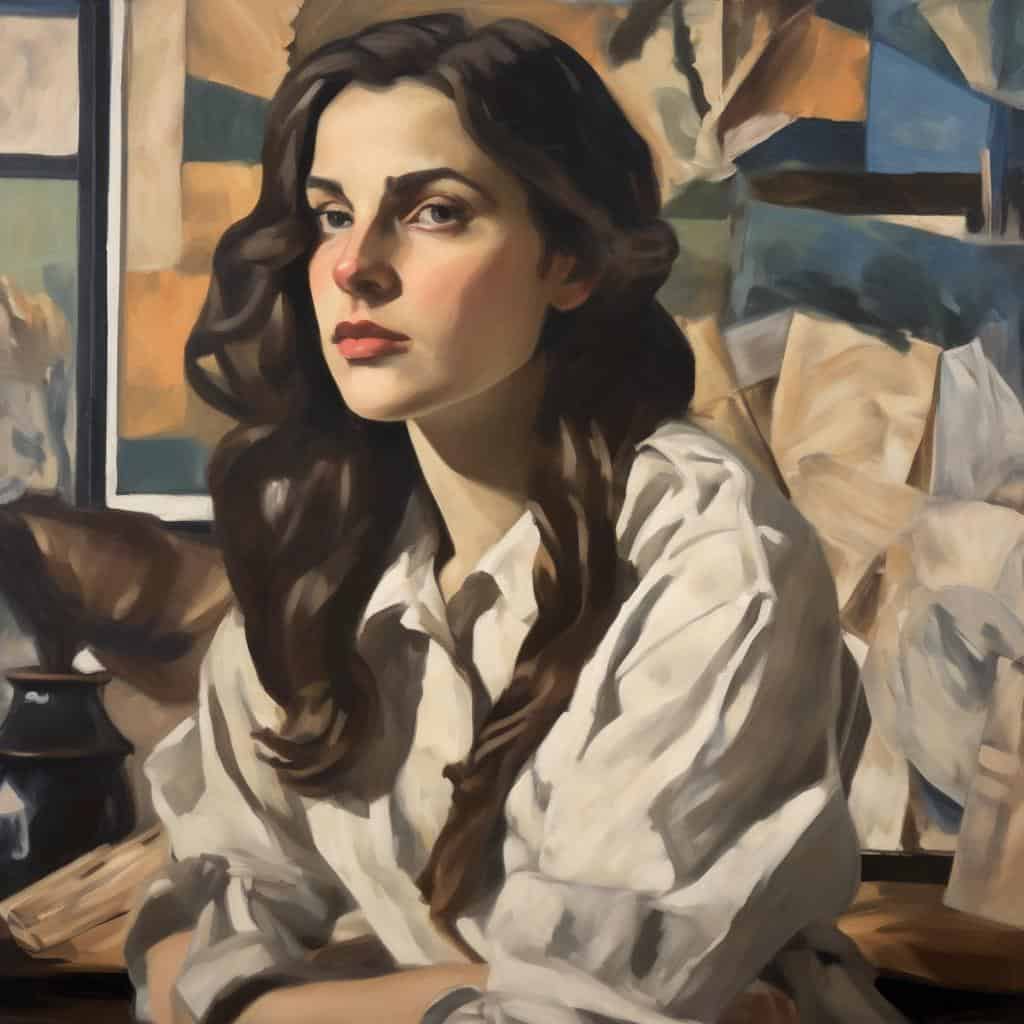 Αρμονία αντιθέσεων στην τέχνη, πορτρέτο γυναίκας με καστανά μαλλιά και ενίσχυση της καλλιτεχνικής δημιουργικότητας.