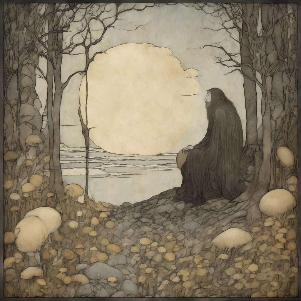 Ομορφη τέχνη και αρμονία αντιθέσεων σε έγχρωμο σκίτσο με σκεπτικό μυστηρίου και φύσης.